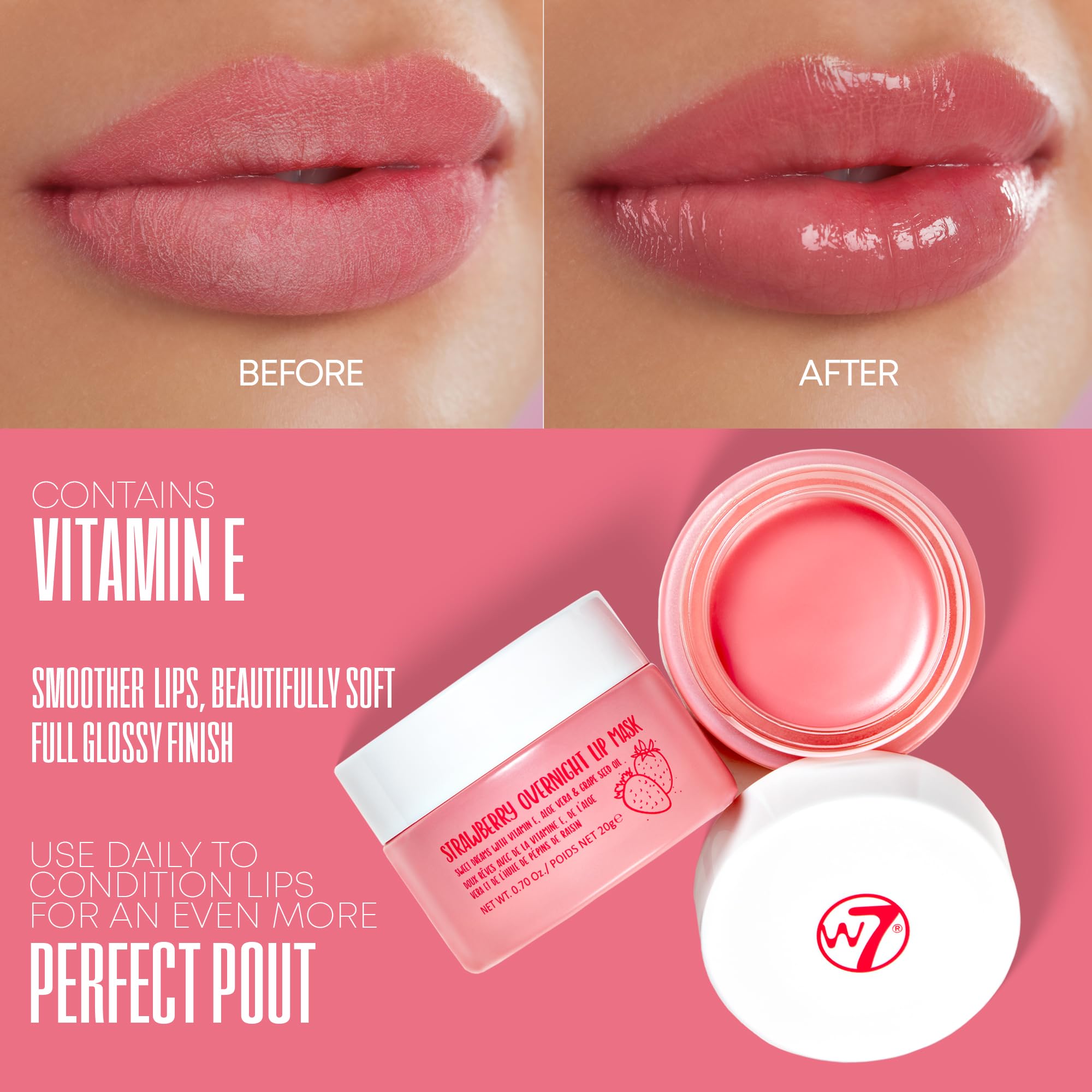 W7 Super Sweet Dreams Strawberry Lip Mask - Vitamin E, Aloe Vera and Grape Seed Oil - For Hydrated, Full Looking & Irresistible Lips - 0.67 Fl Oz